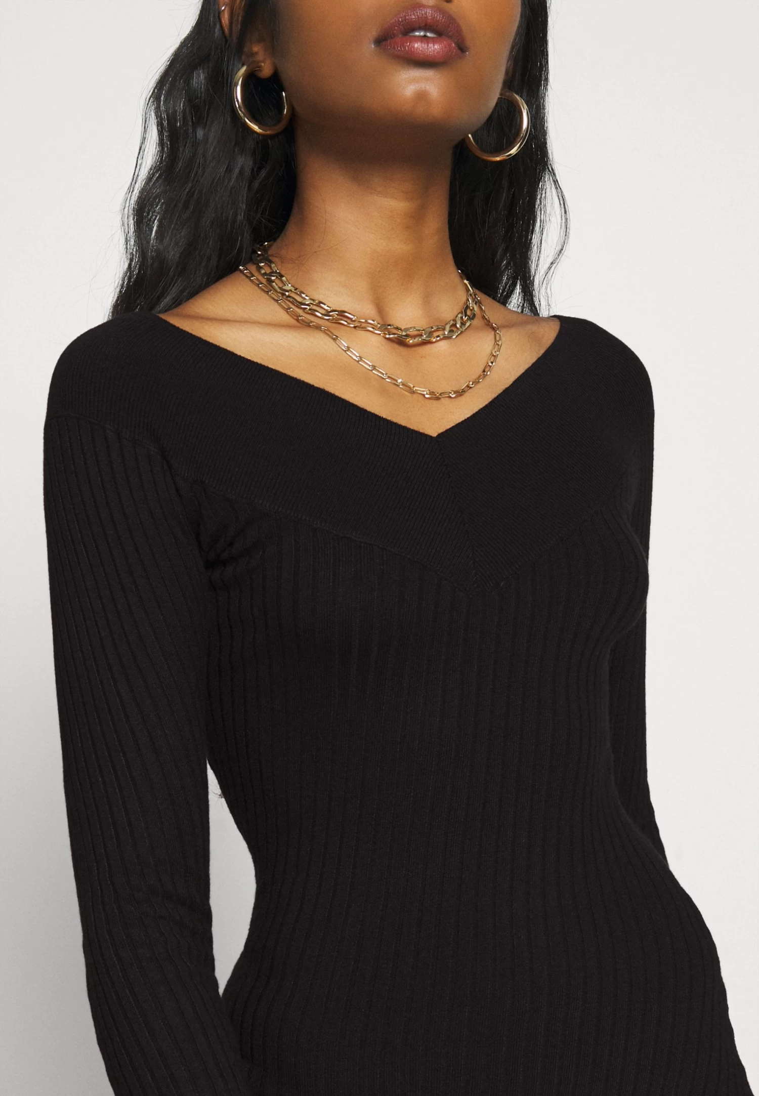 V Ausschnitt Ripp Mini Bodycon StrickkleidTubinoBlack Donna Vestiti EVF21C01P-Q11 - immagine 6