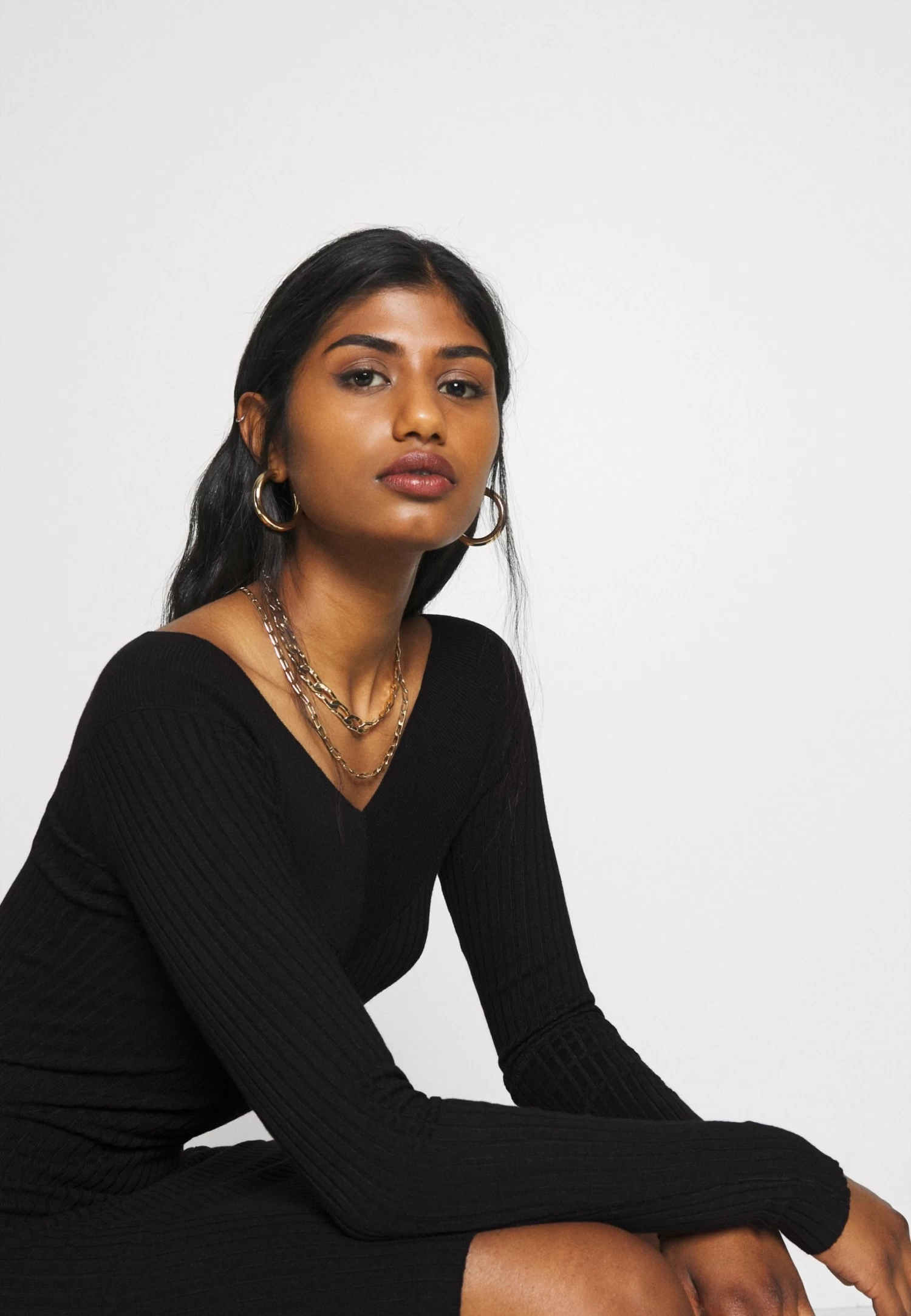 V Ausschnitt Ripp Mini Bodycon StrickkleidTubinoBlack Donna Vestiti EVF21C01P-Q11 - immagine 4