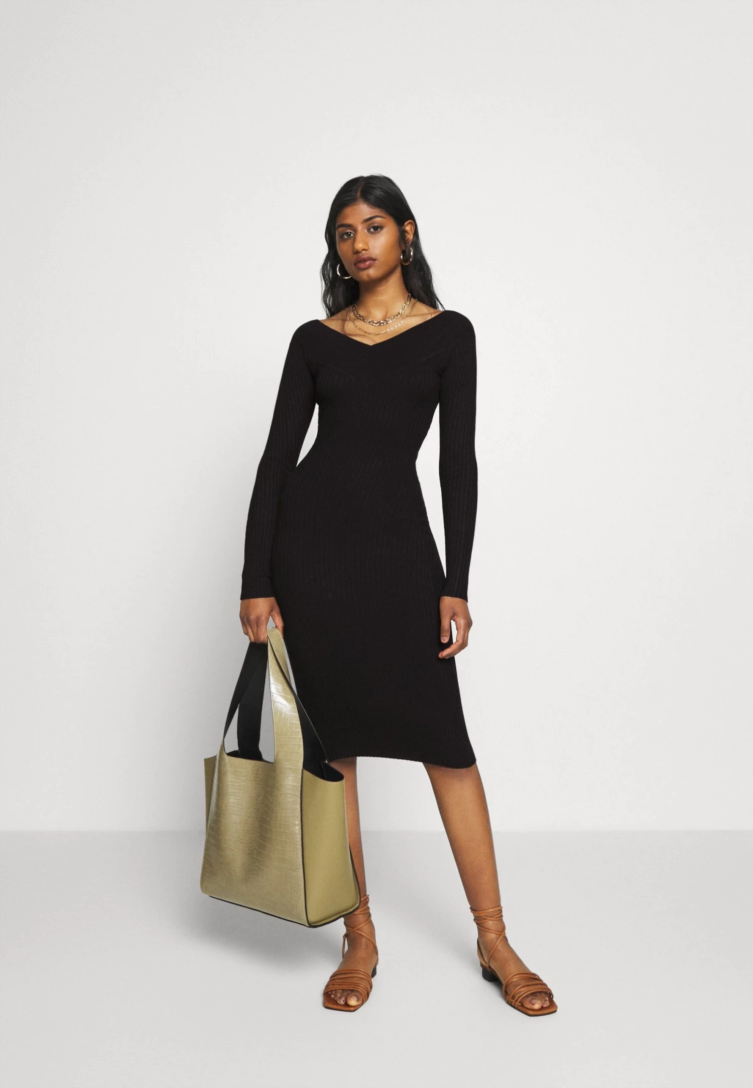 V Ausschnitt Ripp Mini Bodycon StrickkleidTubinoBlack Donna Vestiti EVF21C01P-Q11 - immagine 2