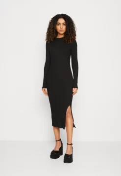 Even&Odd Circ Long Sleeves Midi High Slit Dress - Abito In Maglia - Black