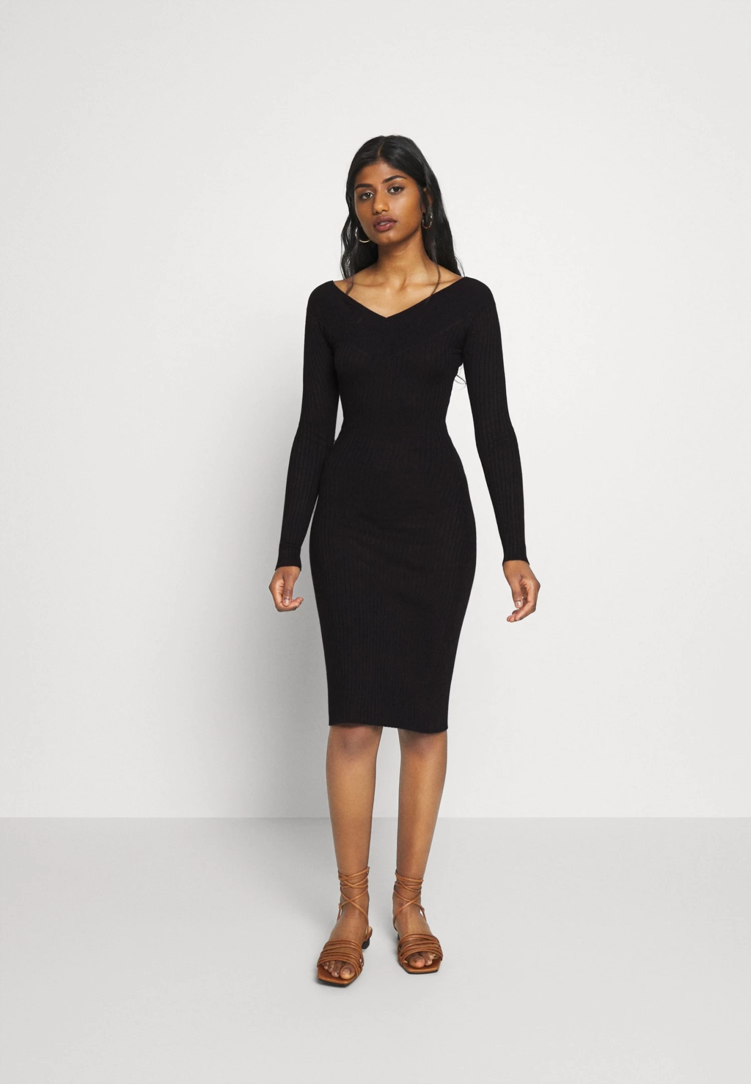 V Ausschnitt Ripp Mini Bodycon StrickkleidTubinoBlack Donna Vestiti EVF21C01P-Q11